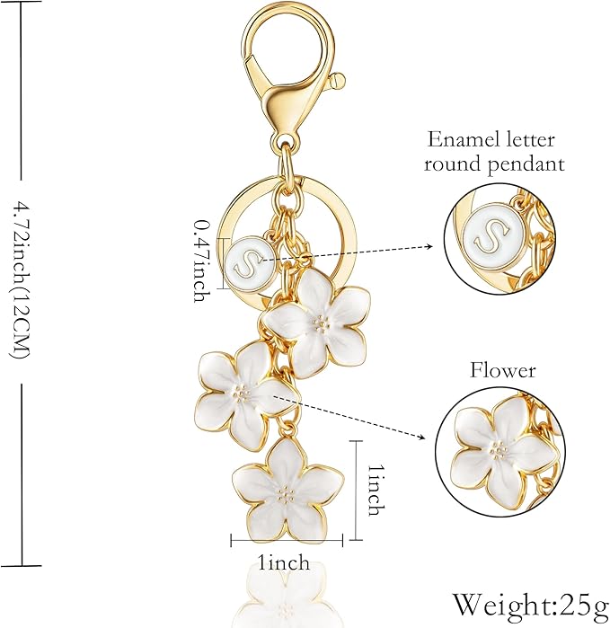 XGALBLA White/Pink/Black Big Cute Flower Initial Letter Keychain for Women, Flower Bag Charms Enameled Keychain Handbag Purse