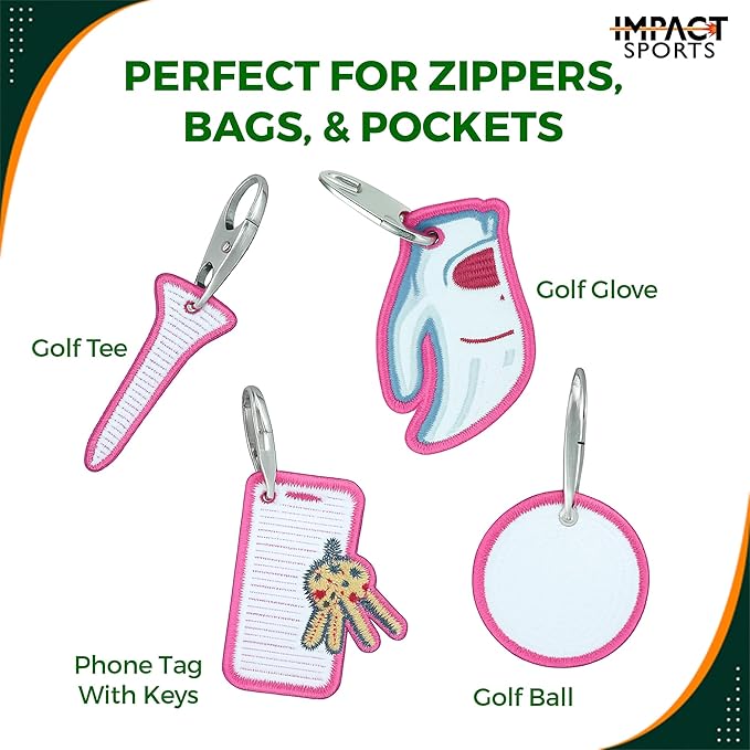 Impact sports Golf Zipper Bag Tags – Set of 4 Fabric Golf-Themed Zipper Pulls – Includes Golf Ball, Glove, Tee, and Phone Tag – Stylish and Functional Golf Bag Accessories
