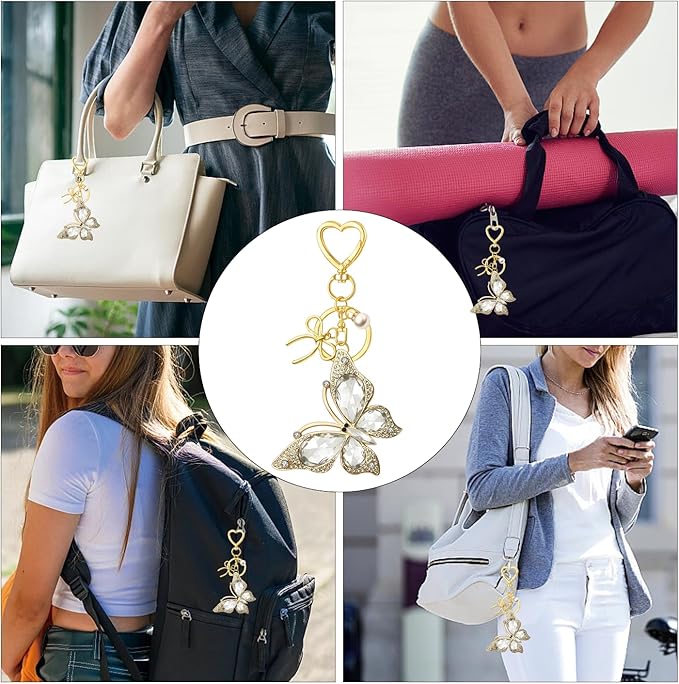 Bag Charm Keychain for Women: Cute Bow Keychains with Diamond Butterfly Pendant, Bags Purse Key ring Accessory