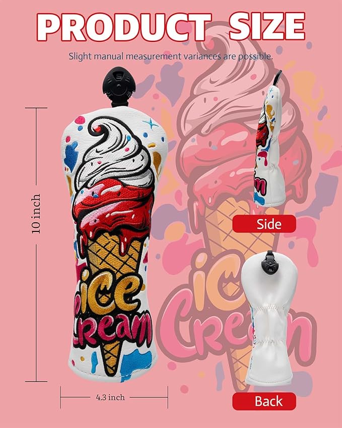 Golf Club Head Covers, Ice Cream Golf Headcovers for Drivers, Fairway Woods, Hybrids, Mallet Blade Putter Cover, Funny Golf Club Covers with Premium PU Leather and Advanced Embroidery for Most Brands