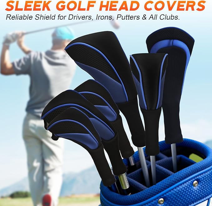 Golf Club Head Covers Set (3 Pieces) for Fairway Woods, Driver, and Hybrids - Long Neck Mesh Design with Interchangeable 3/4/5/6/7/X Number Tags - Golf Accessories for Men and Women (Black and Blue)