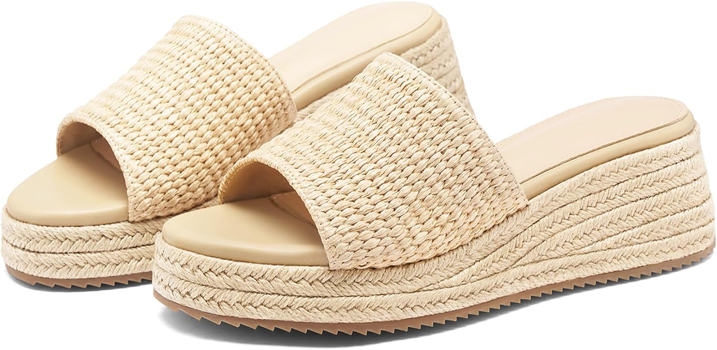 Platform Sandals Women Raffia Slip On Wedge Sandals,Comfortable Summer Wicker Espadrilles,Straw Beach Vacation Slides Shoes