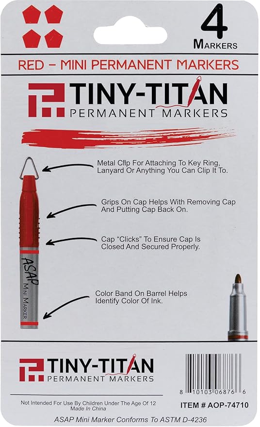 Tiny-Titan Mini Markers, Mini Markers, Keychain Clip, Golf Ball Marker, Clip On Nurse's Badge - Mini Markers - RED Ink - Fine Point - 4 Pens Per Pack
