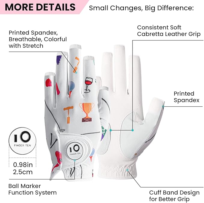 FINGER TEN Stylish Golf Gloves Women with Ball Marker 1 Pack for Left or Right Hand, Breathable Glove with Fashion Patterns for Ladies Right Left Handed Golfer