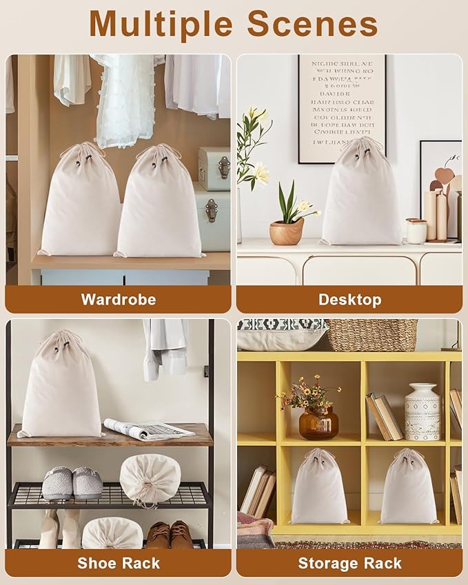 FantasyLife Shoe Bags for Travel, Washable Dust Bags for Storage & Packing, Flannel Shoe Pouch with Drawstring Closure for Purses, Handbags, Shoes & Toys (2, Beige)