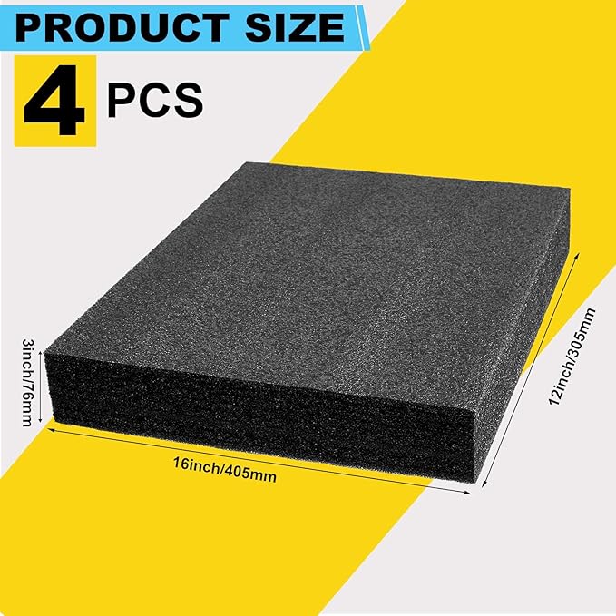 Treela 4 Pcs Customizable Polyethylene Foam Sheets 16x12x3" Black Thick Cuttable Foam Padding Inserts for Cases, Polyethylene Block Sheets for Packing Toolbox Storage and Craft Pad