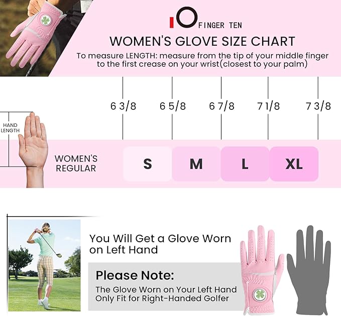 Womens Golf Glove with Clover Ball Marker 1 Pack, All Weather Grip Microfiber & Leather Gloves for Ladies, Comfortable Breathable Fit for Left Hand or Right Hand in White Pink