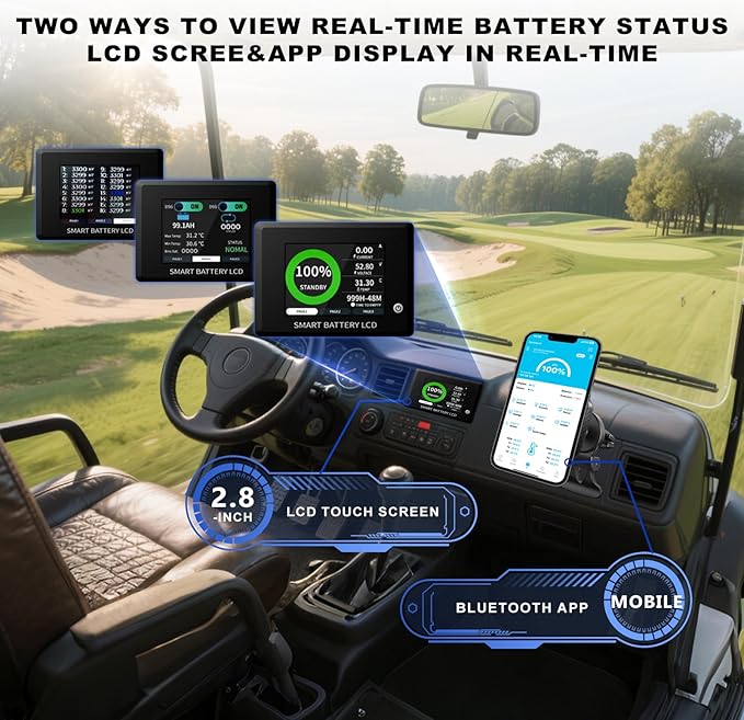 48V Lithium Battery Golf Cart Batteries Kit with Smart 200A BMS 58.4V 18A Charger Touch Monitor & Mobile APP 10000 Cycles 48V 100Ah LiFePO4 Battery Peak Current 1000A(3-5s) for Club Car, EZGO, Yamaha