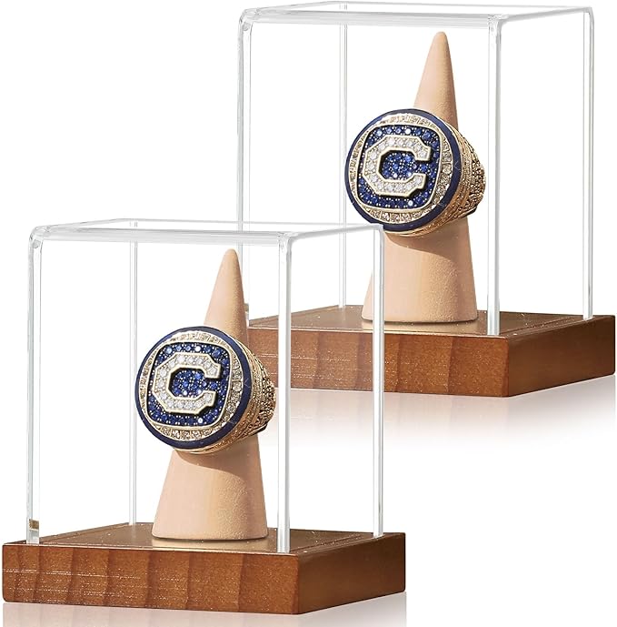 JupDec Championship Ring Display Case 2 Pack, Clear Acrylic Single Ring Holder with Wood Stand Base for Sports Basketball Baseball Fan Souvenirs Military, UV Protection