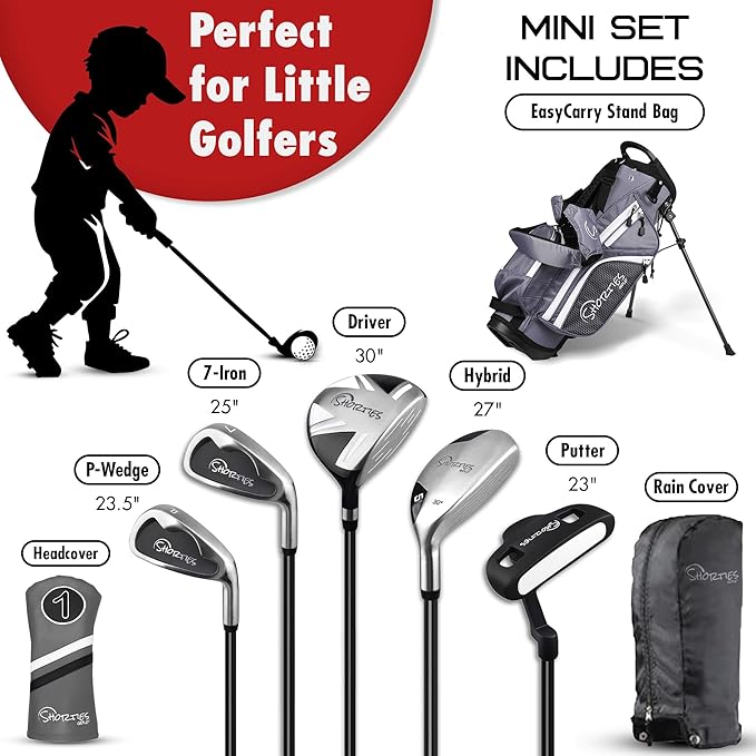 Shorties Golf - Kids Golf Club Set | Perfect for Toddler Golfers and Kids 34"-38" Tall | EasyCarry Stand Bag | Driver, 7-Iron, Putter, Headcover, and Rain Cover