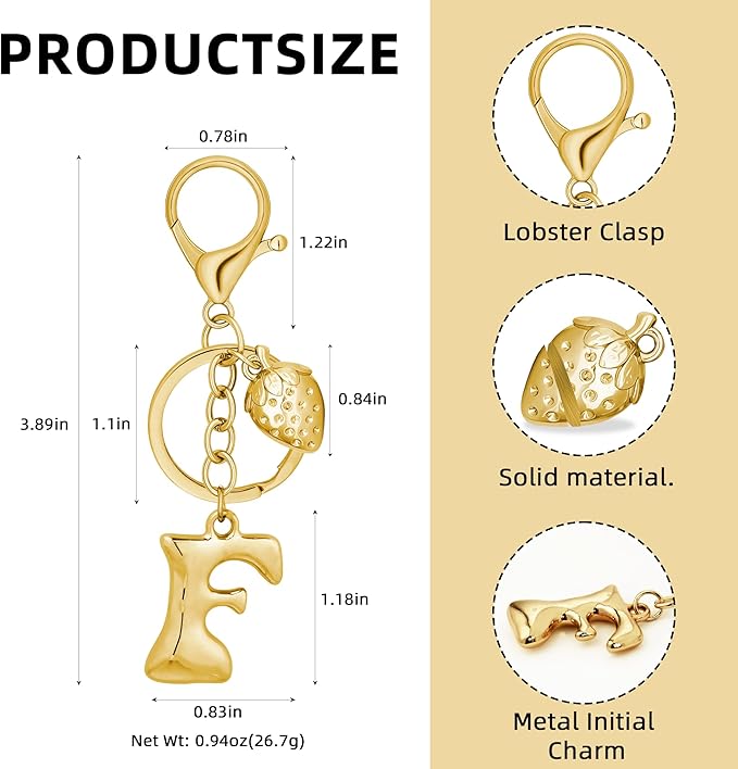 Gold Bubble Heart, Cherry, Bow & More Designs Letter Initial Keychain Bag Charms – Cute Purse Charms for Handbags