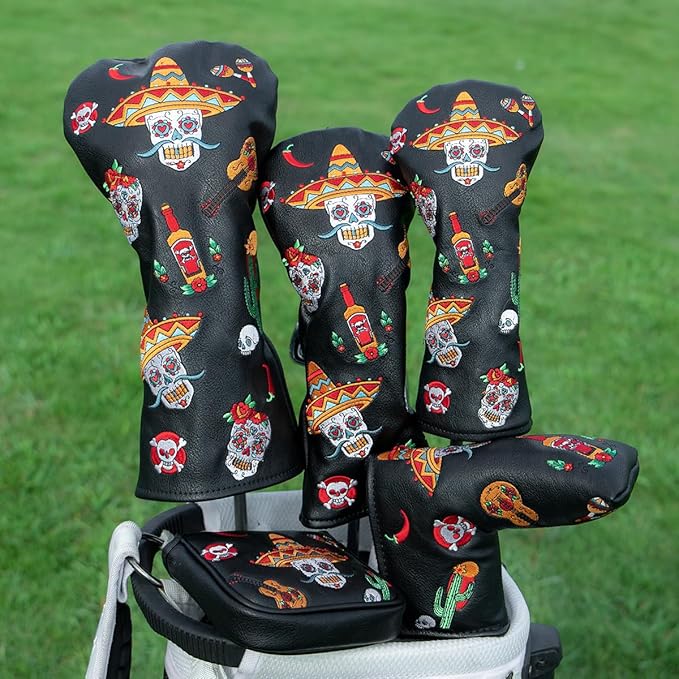 Golf Club Headcover for Drivers, Fairway Woods, Hybrids, and Mallet Blade Putter Sugar Skull Style Premium Leather Golf Headcovers Set with Interchangeable No. Tags