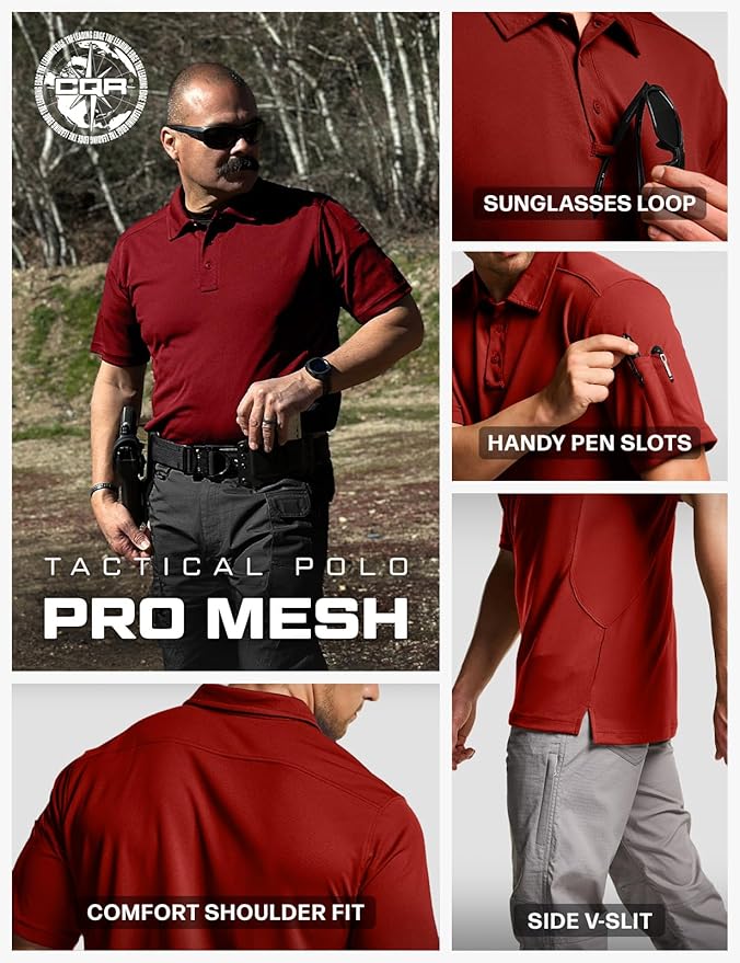 CQR Men's Polo Shirts, Tactical Short Sleeve Golf Performance Shirts, Lightweight Dry Fit UPF 50+ Pique