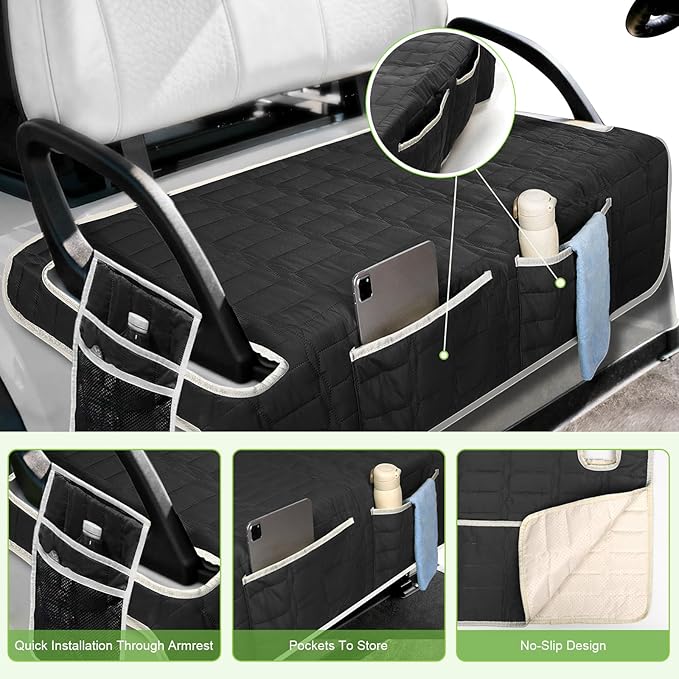 Golf Cart Seat Cover, Universal Bench Seat Cover with Storage Pockets, Non-Slip Seat Protector for Golf Cart, Fits EZGO Club Car Yamaha, Easy Install