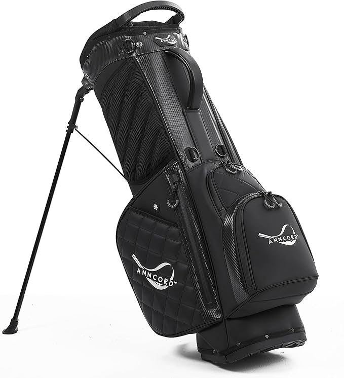 Golf Stand Bag with 14 Way Full Length Dividers, PU Leather Golf Bag for Men, Waterproof Golf Bags with Stand, 6 Pockets & Cooler Pouch, Adjustable Dual Straps, 2 Rain Cover Hood