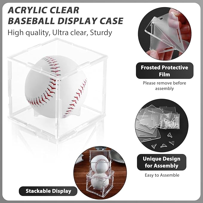 6 Pack Assembled Baseball Display Case, UV-Blocking Acrylic Baseball Holder Display Case, 3.2 Inch Cube Clear Softball Holder Box, Signed Baseballs Protector for Collectibles, Tennis Ball