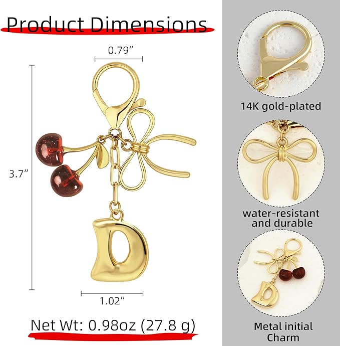 Gold Bubble Heart, Cherry, Bow & More Designs Letter Initial Keychain Bag Charms – Cute Purse Charms for Handbags