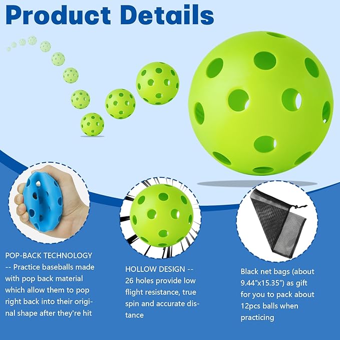 Coopay 12/50/100 Pack Baseball Practice Balls Plastic Training Balls Lightweight Hollow Softballs with a Drawstring Bag for Hitting, Baseball Training Indoor Outdoor Use