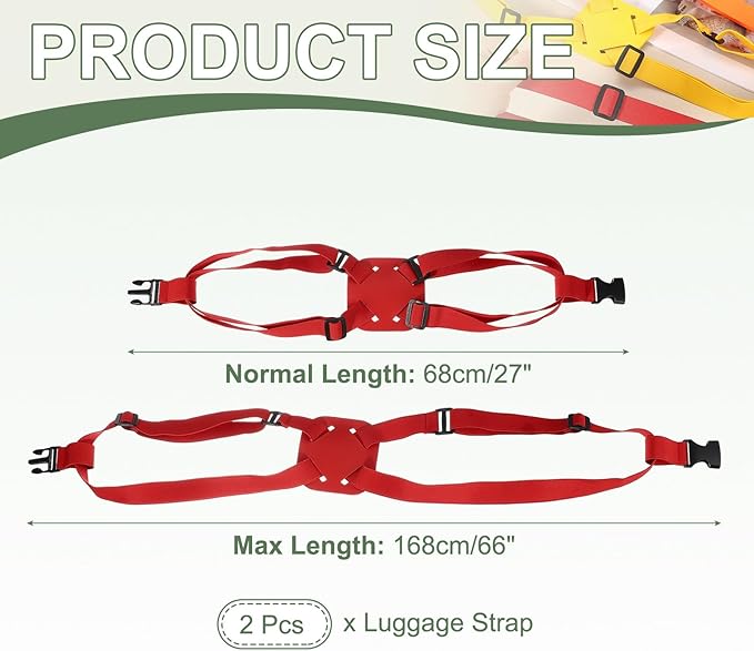 Adjustable Luggage Straps, Suitcase Elastic Strap Bag Bungee with Buckles Travel Accessories - Fitting for(Travel/Add A Bag/Securing Luggage), 27-66 Inch & 2Pcs & Red