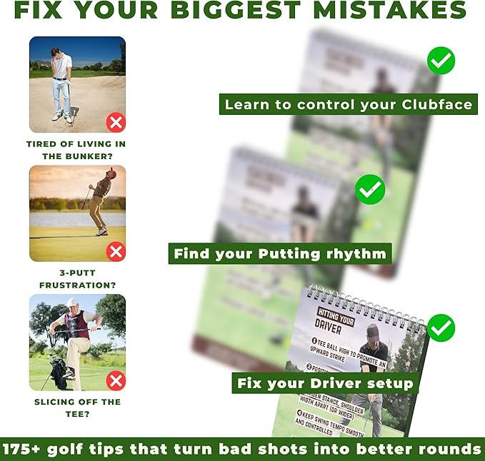 Golf Training Aid Pocketbook with or Without Yardage Cards - Reference Guide for Golfing - Golf Cheat Sheets Packed with 175+ Tips for Swing and Putting
