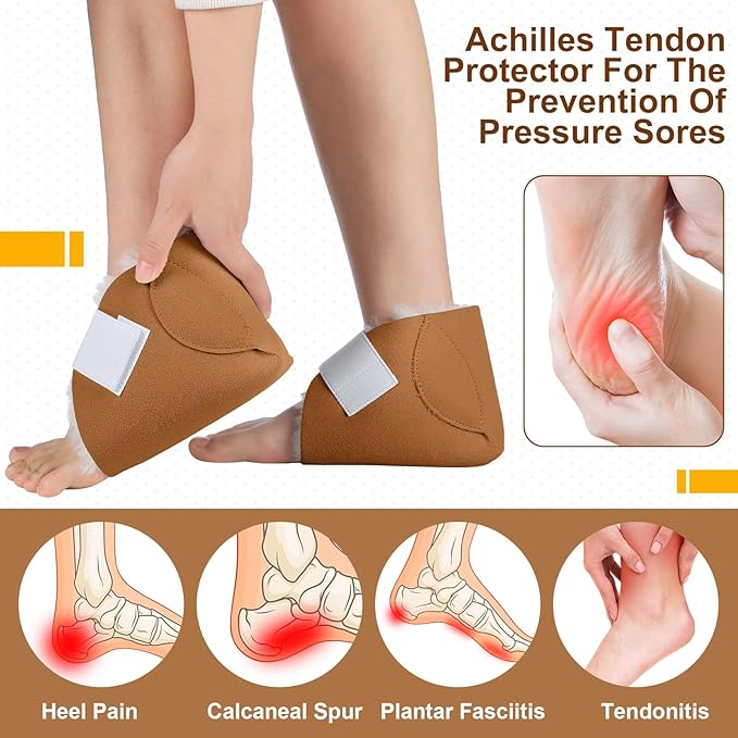 2 Pcs Heel Protectors for Pressure Sores Sheepskin Heel Pads Soft Foot Cushions Pad Protectors Adjustable Foot Pillows with Securing Strap for Bed Sore Ankle Ulcers (Brown)