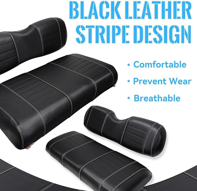 Golf Cart Seat Covers fits Club Car Precedent/DS/EZGO RXV/TXT/Yamaha Front Rear Seat Cushion，Black Leather Custom Stripe Soft Comfortable/Anti-Scratch/Easy to Clean