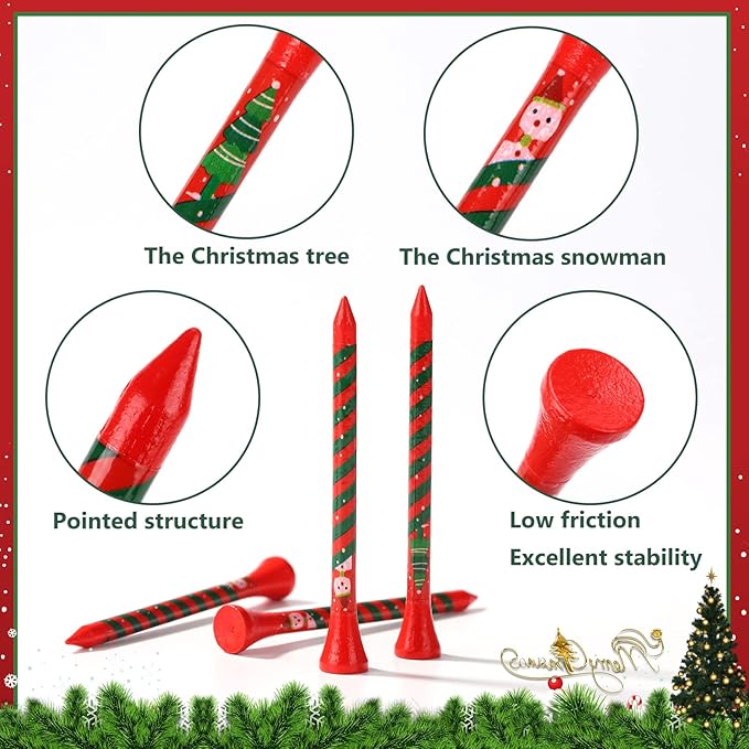 ZALORD Marry Christmas Golf Tees 3 1/4 Inch Unbreakable Pack of 60 Long Christmas Golf Tees Wood Reduce Side Spin and Friction (Christmas)
