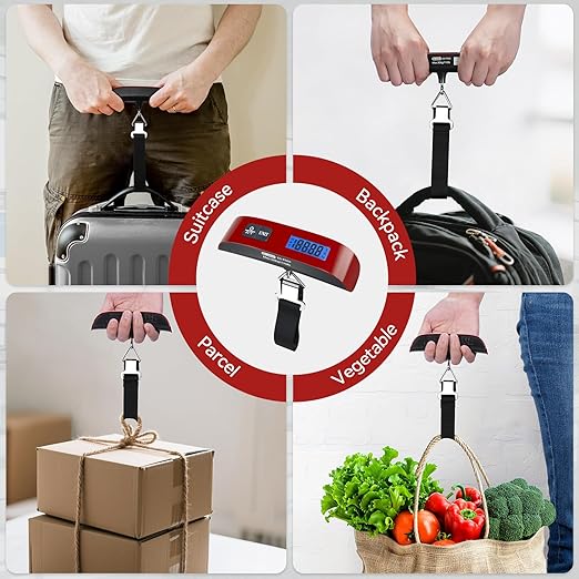 Luggage Scale, Dr.meter Luggage Weight Scale Backlight LCD Display PS02 110lb/50kg Electronic Balance Digital Postal Travel Accessories with Rubber Paint Handle Temperature Sensor, Red