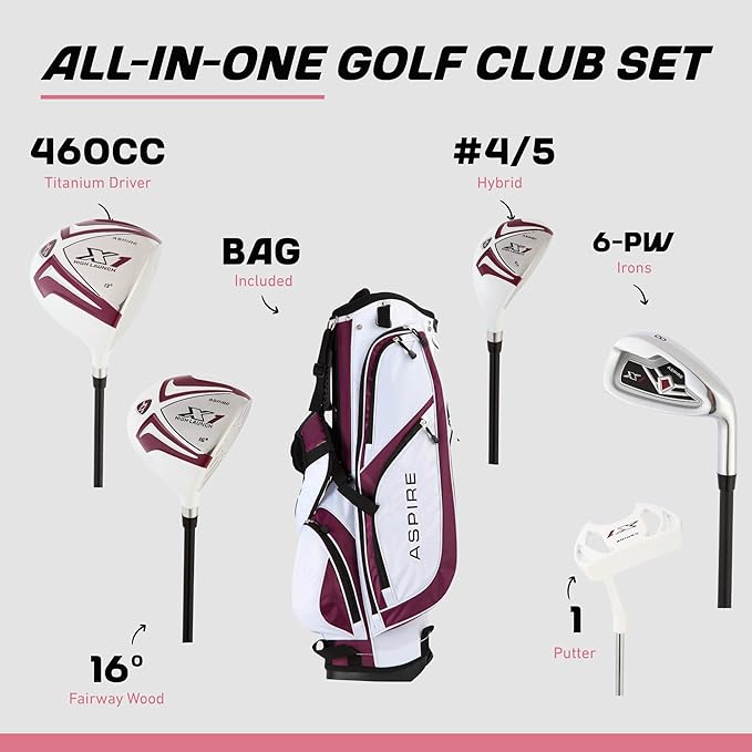 Aspire X1 Womens Golf Clubs Full Set, Includes Driver, Fairway, Hybrid, 6-PW Irons, Putter, Stand Bag, 3 H/C's, Light Graphite Shafts, Golf Clubs Women Right Handed, Purple, Regular or Petite Size