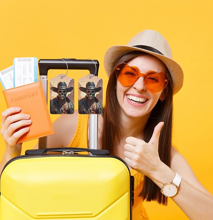 TSA Approved Luggage Tags for Suitcases Skull Cowboy Hat 2 Pack Funny Leather Carnival Cruise Airport Cute Travel Name Tags Golf Bag tag Ships Essentials Privacy Cover ID Label for Women Men