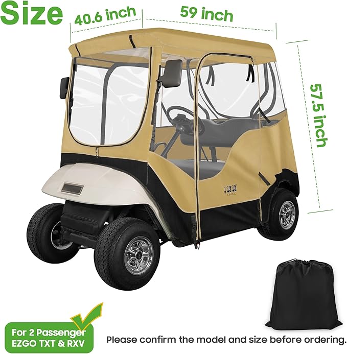 10L0L Golf Cart Enclosure for EZGO TXT 2 Passenger, 4-Sided Clear Window Rain Cover All Weather Waterproof Windproof, Khaki