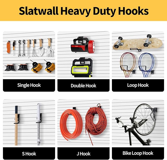Slatwall Hooks 25 Pack, Heavy-Duty Metal Garage Slat Wall Hook Kit (10 Types), Rust-Resistant Storage Hooks for Tools, Ladders, Bikes & Garden Equipment, Fits Standard Slatwall Panels