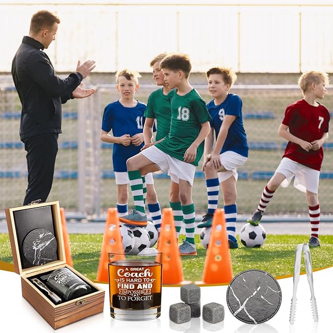 Whiskey Glass Gifts for Coaches, Best Coach Gift for Men, Thank You Gifts for Coaches with 12oz Whiskey Glasses, Stones, Coaster, Wooden Box for Baseball, Softball, Soccer, Basketball Coach