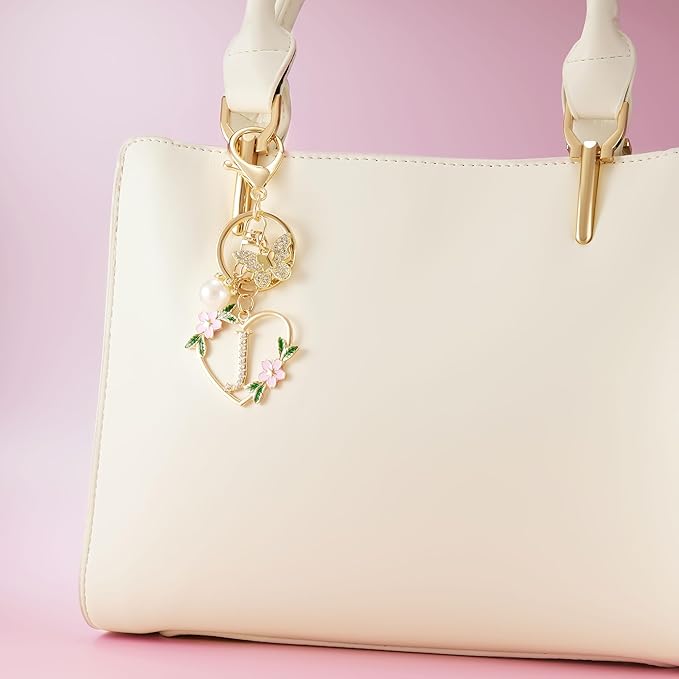 Gold Heart Initial Letter Keychain for Women Key chain Keyring for Purse Handbags Backpack Charm