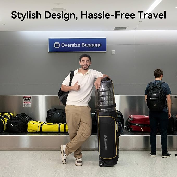 Golf Travel Bag for Airlines with Carbon Fiber Look Hard Top, Protective Club Traveling Cover with Wheel, Golf Club Carrier Case for Airplanes, Thick Padding, Durable Zippers, 2 Spacious Side Pockets
