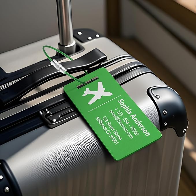 4 Pack Personalized Luggage Tags, Custom Engraved Aluminum Luggage Tags with Your Personalized Text, Waterproof Metal Name Tags with Steel Loop for Bags, Suitcase, Baggage, Backpack (Green, Small)