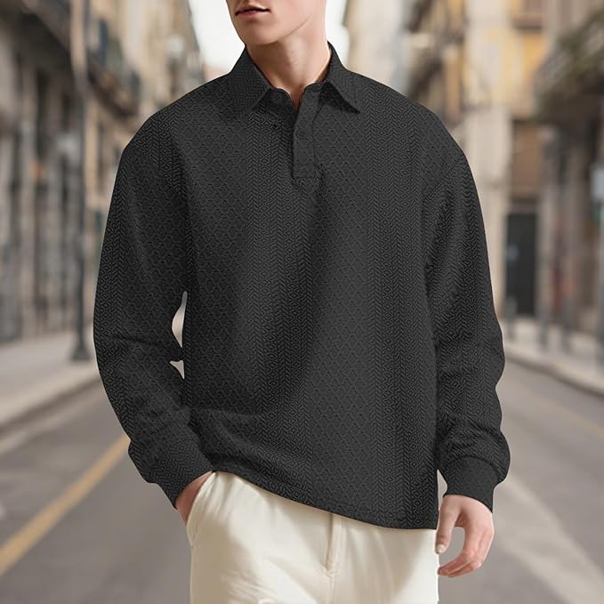 Stylish Polo Shirts for Men Textured Button Down Mock Neck Casual Tops Comfy Solid Color Long Sleeve Golf Pullover