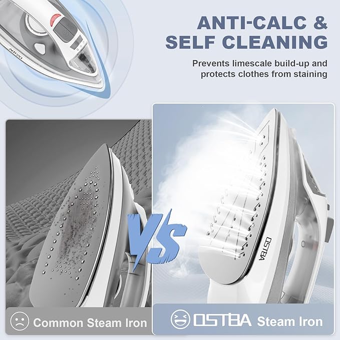 OSTBA 1600W Steam Iron for Clothes with Rapid Heating Nonstick Soleplate, 300ml Water Tank, Precise Thermostat Dial, Self-Cleaning, Anti-limescale, Drip Stop Function Clothes Iron