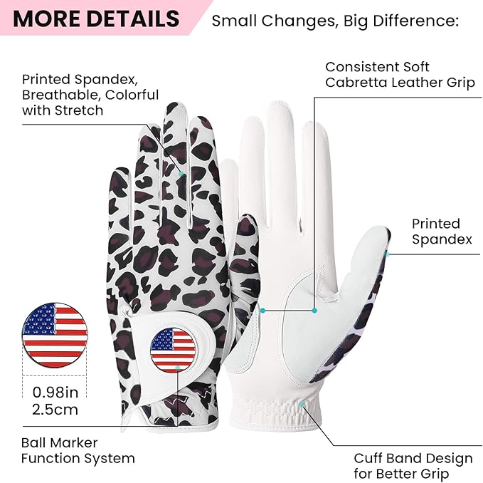 Amy Sport Womens Golf Glove with Ball Marker Rain Left Right Hand Leather Printed Pack, Ladies Golf Gloves All Weather Grip Breathable Soft Size Small Medium Large XL