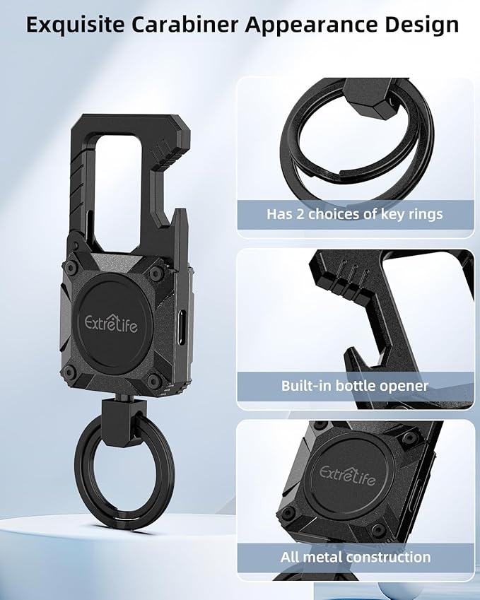 Keychain, Works with Apple Find My, Heavy Duty Keychain Bottle Opener, Carabiner Car Key Chains with Gps Tracker, Key Finder, Bluetooth Tracker for Luggage, Kids, Bags and More, Rechargeable, Black