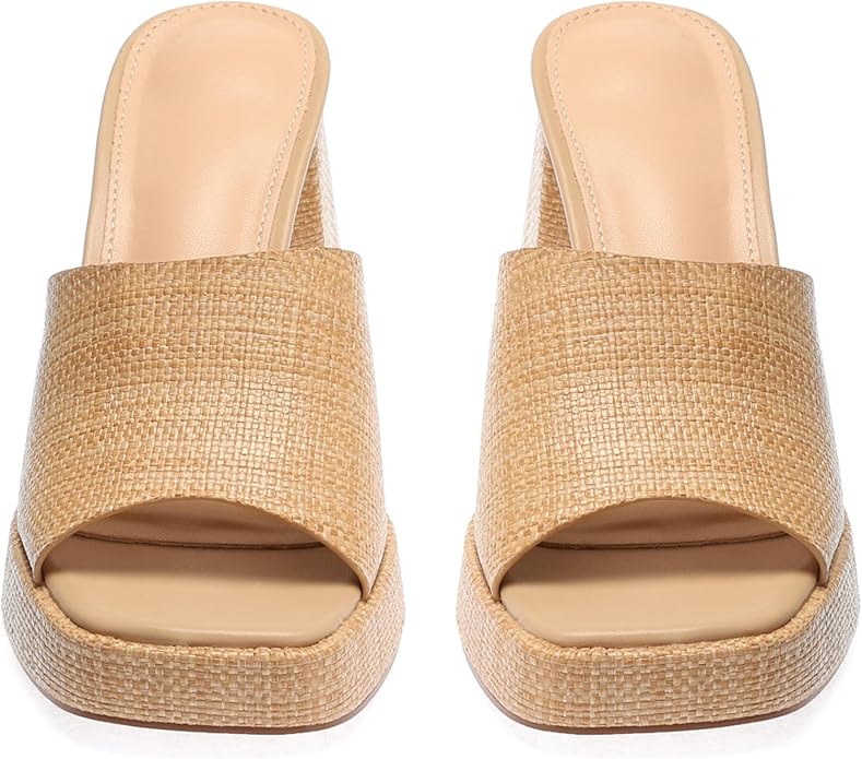 Monrovia Womens Sandals Heels for Women Slide On Block Chunky Platform High Heels Open Toe Raffia Wedge Sandals