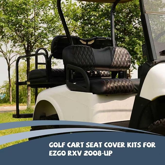4PCS Golf Cart Diamond Seat Covers Kit, Fits EZGO RXV 2008+ Golf Cart Vinyl Replacement Seat Cover （Black Stitching, No Stapler, Easy to Clean）