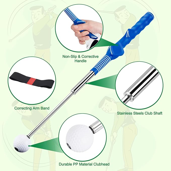 welspo Retractable Golf Swing Trainer Aid with Arm Band, Rhythm Click Sound, Warm-Up and Grip Trainer, Right-Handed Golf Club for Improve Chipping and Hitting Strength