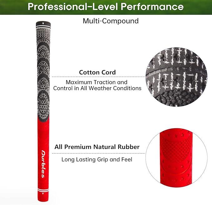 Golf Grips with Regripping Kit – All Weather Multi-Compound Golf Club Grips for Men & Women – Corded Rubber Grip Set – Standard & Midsize Wood and Iron Grip Kit – All Level Golfing Accessories