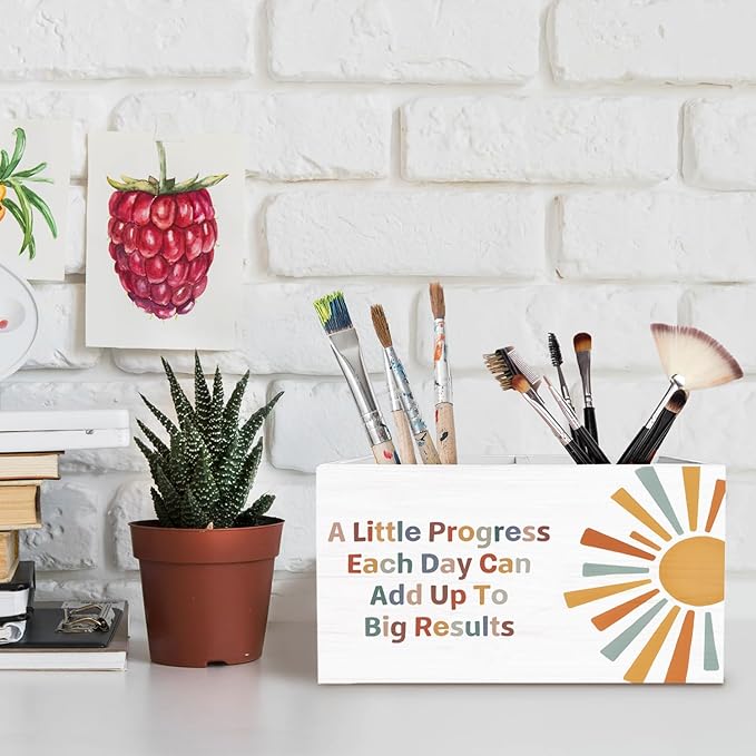 Boho Sun Inspirational Pen Pencil Holder for Desk, Boho Classroom Decor, A Little Progress Each Day Motivational Wooden Box Sign Desk Decor for Classroom Kids Room Decoration