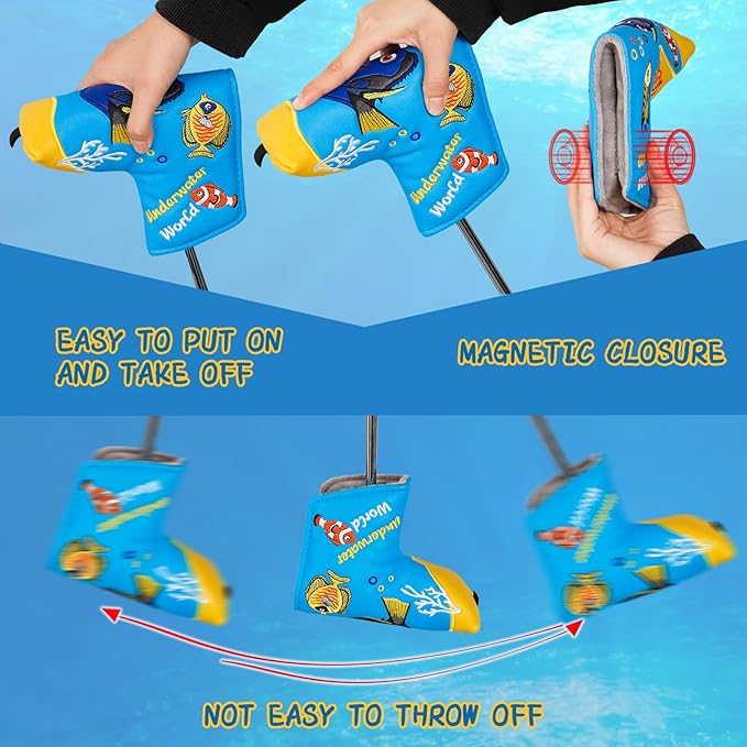 Golf Club Head Covers, Underwater World Driver Headcover Hybrid Headcover Fairway Wood Head Covers Magnetic Blade Putter Cover with Interchangeable Tags for All Brand