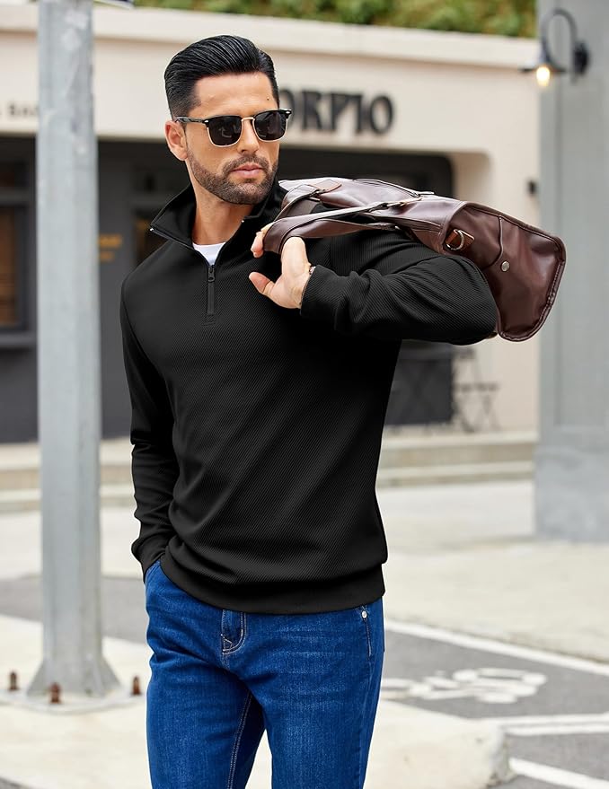 COOFANDY Mens Quarter Zip Pullover Sweatshirts Lightweight Long Sleeve Mock Neck Sweater Polo