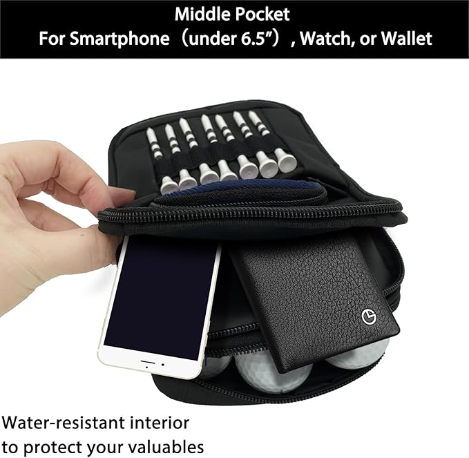 Golf Bag Pouch for Balls and Accessories | 3 Zipper Pockets | Detachable Clip | Store Up to 15 Balls | Front Tee Holder and 10 Bamboo Tees 3 1/4 in