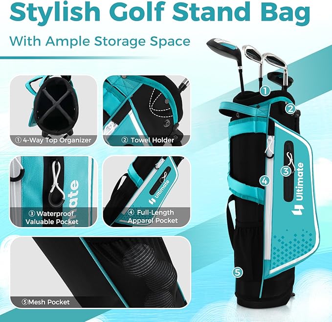 Goplus Junior Complete Golf Club Set for Kids, Right Hand Golf Clubs with Stand Bag, Rain Hood, Golf Practice Set for Ages 5-7,8-10,11-13 Boys Girls