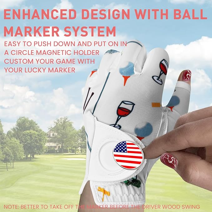 Golf Gloves Women with Ball Marker 2 Pack, Right Handed Golfer Left Hand, Ladies Breathable Soft All Weather Grip Glove Fit Size Small Medium Large XL